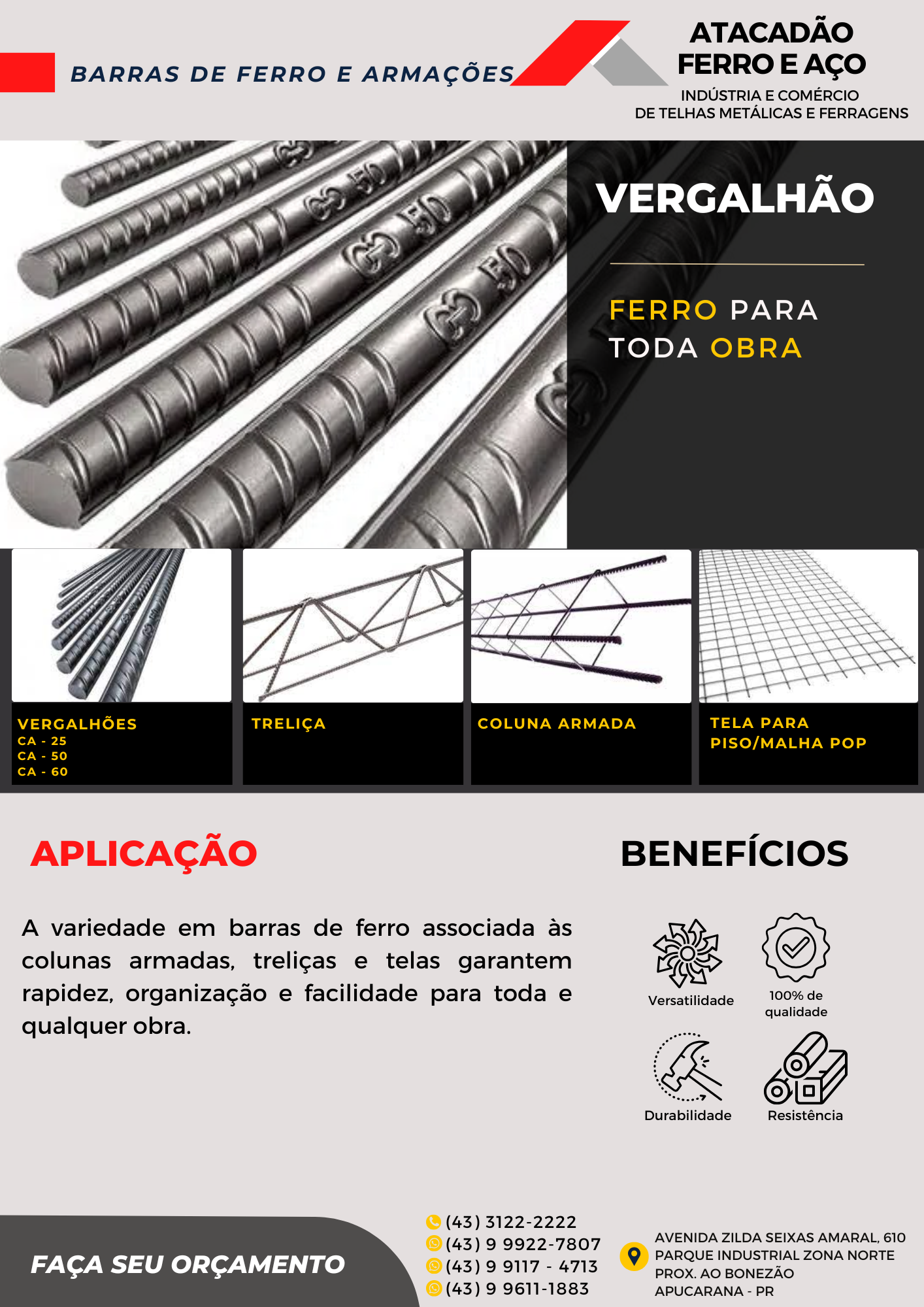 Catálogo de barras de ferro e armações: vergalhões CA-25, CA-50, CA-60, treliça, coluna armada e tela para piso/malha pop — Atacadão Ferro e Aço