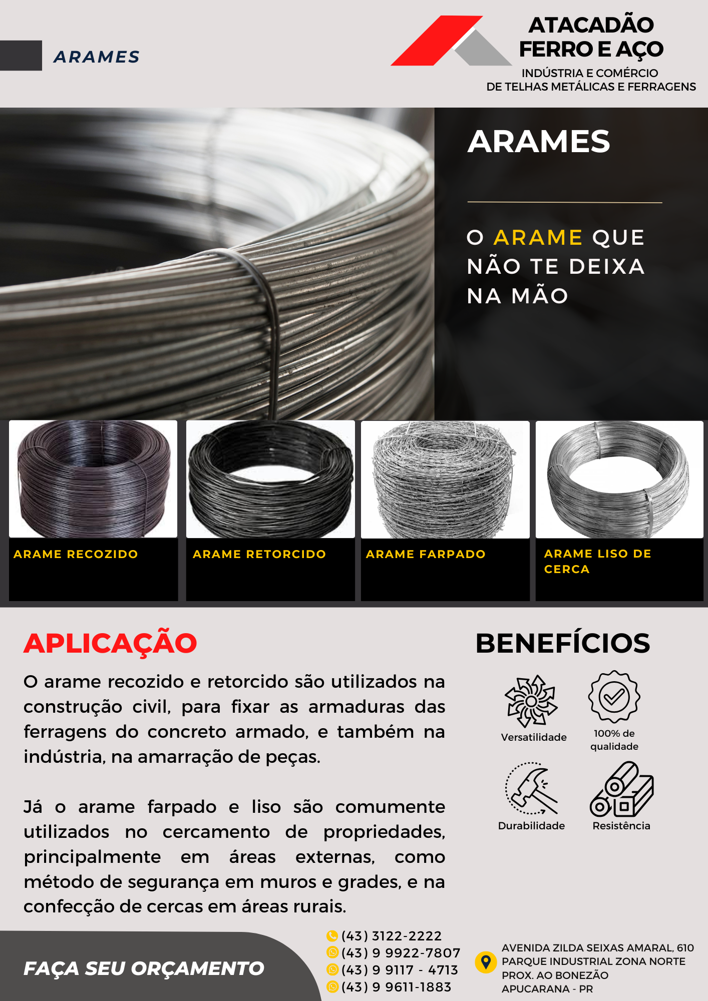 Catálogo de arames: arame recozido, retorcido, farpado e liso de cerca — Atacadão Ferro e Aço
