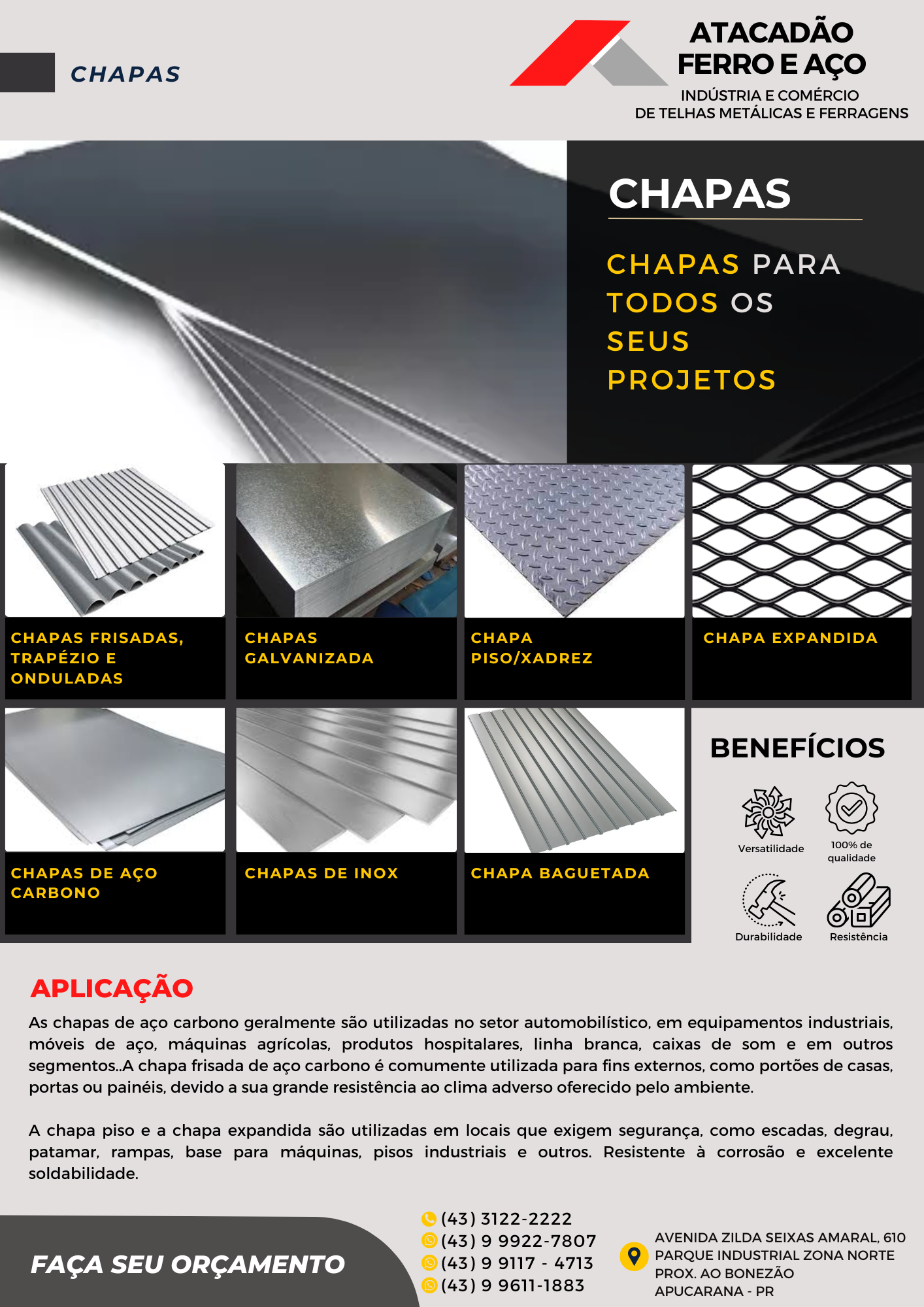 Catálogo de chapas de aço: frisadas, galvanizada, piso/xadrez, expandida, aço carbono, inox e baguetada — Atacadão Ferro e Aço
