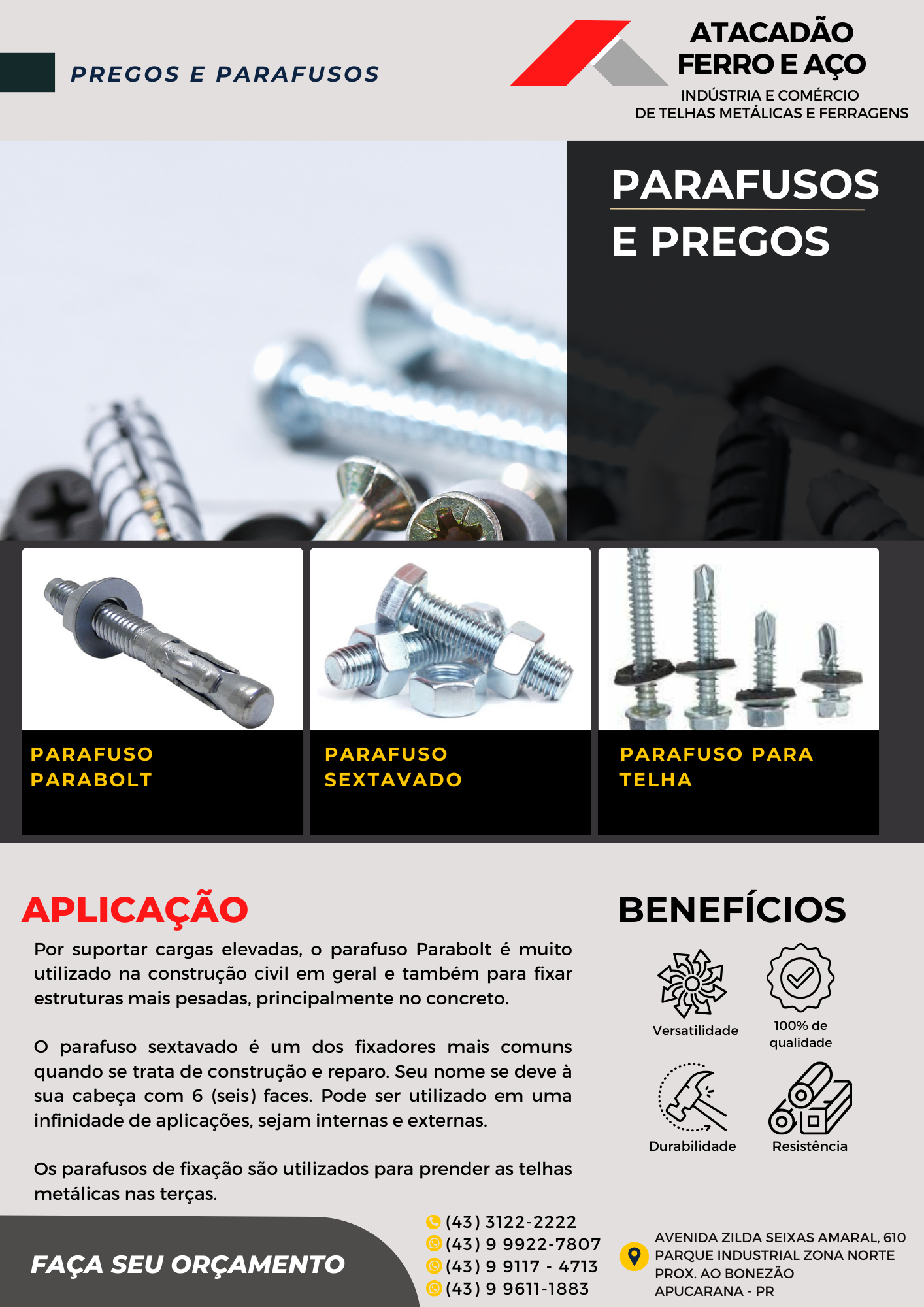 Catálogo de pregos e parafusos: parafuso parabolt, parafuso sextavado e parafuso para telha — Atacadão Ferro e Aço