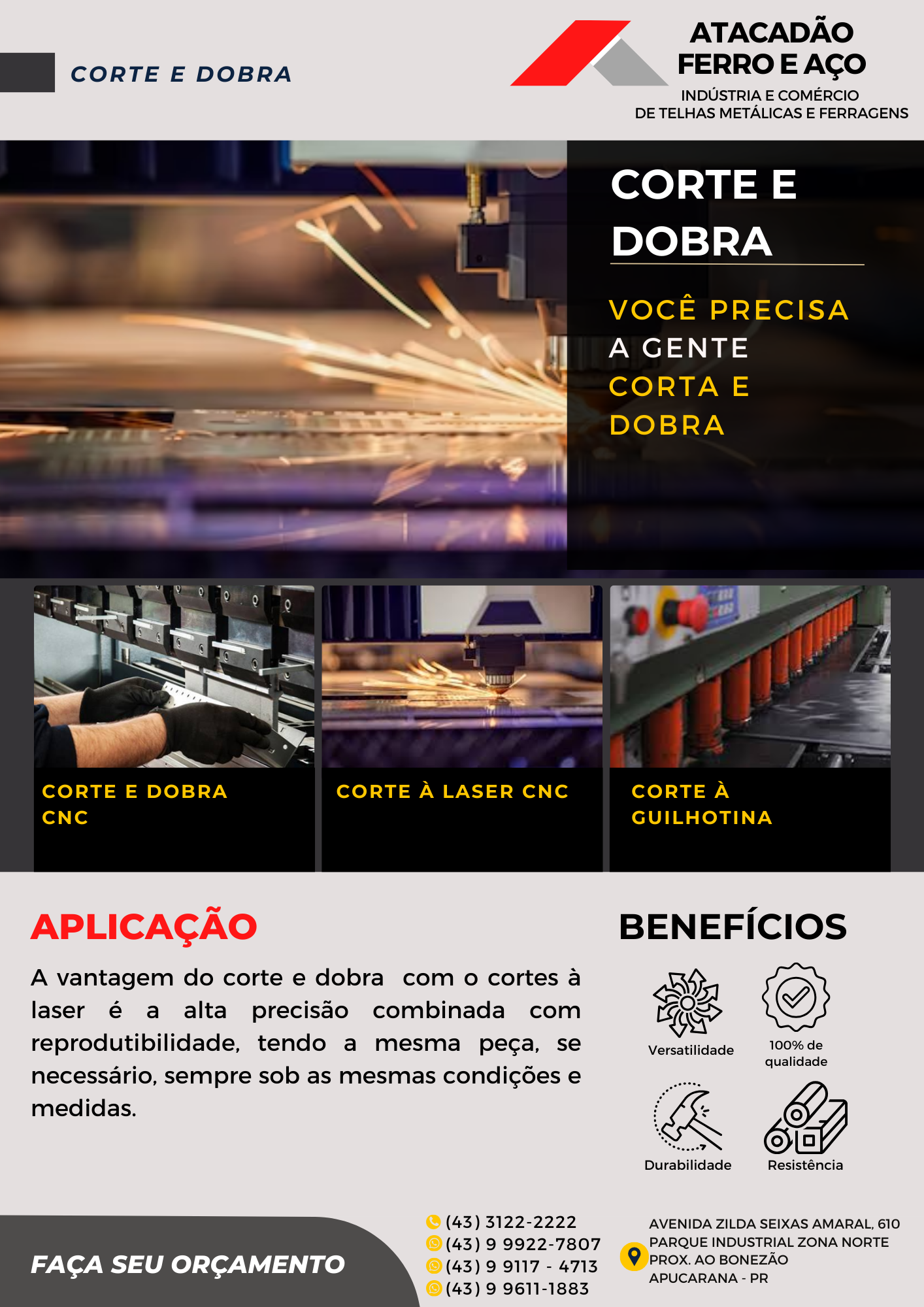 Catálogo de serviços de corte e dobra: corte e dobra CNC, corte à laser CNC e corte à guilhotina — Atacadão Ferro e Aço