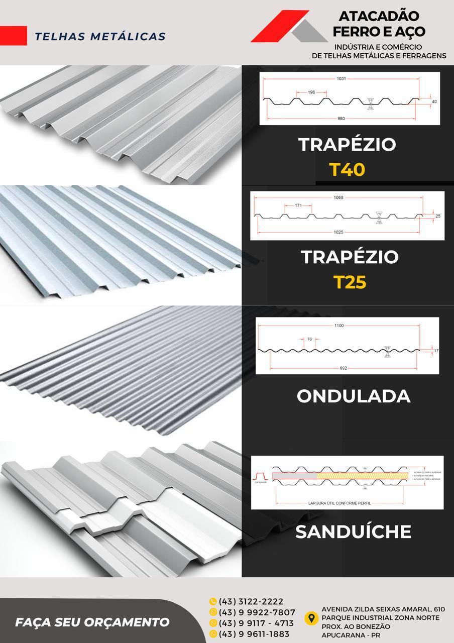 Catálogo de telhas metálicas Trapézio T40, Trapézio T25, Ondulada e Sanduíche — Atacadão Ferro e Aço