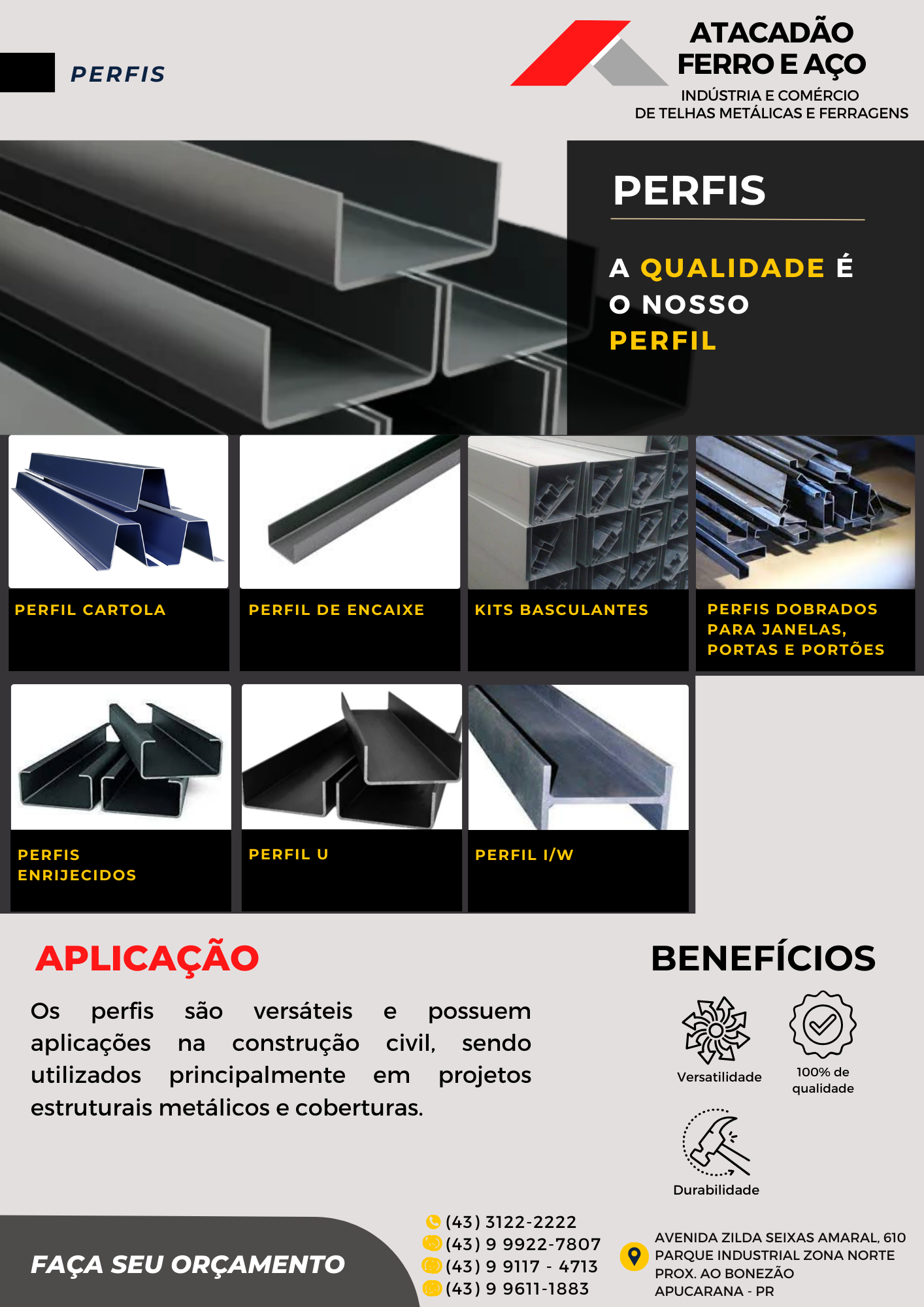 Catálogo de perfis de aço: perfil cartola, perfil de encaixe, kits basculantes, perfis dobrados, perfis enrijecidos, perfil U e perfil I/W — Atacadão Ferro e Aço