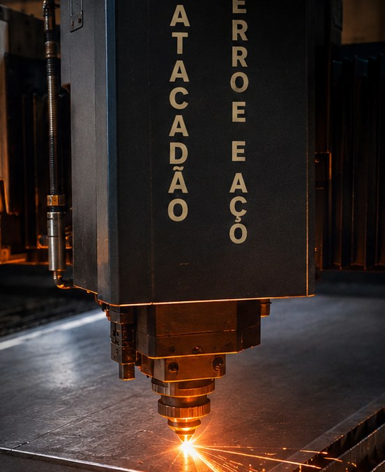 Máquina de corte à laser cortando chapa de aço na Atacadão Ferro e Aço