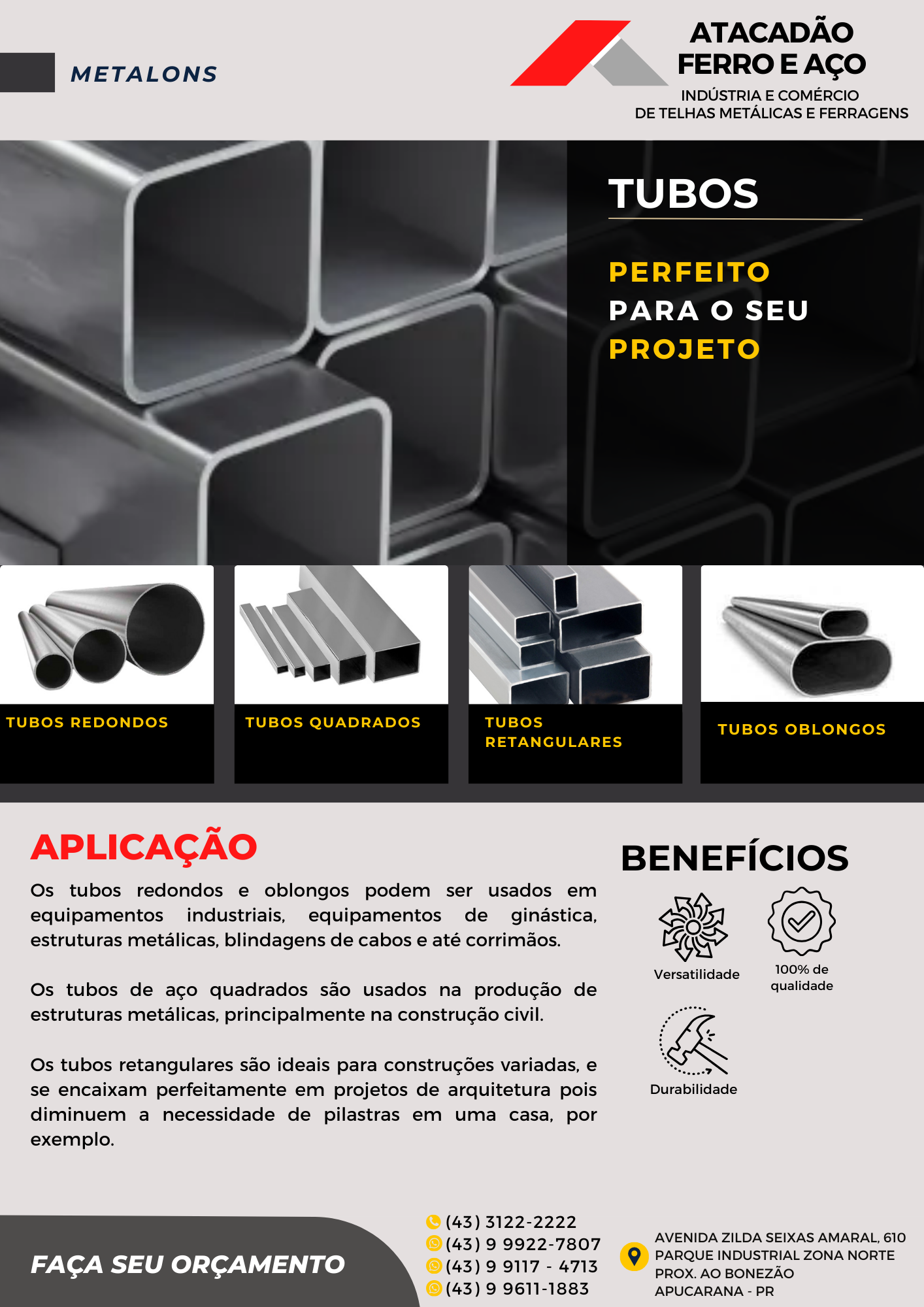 Catálogo de metalons e tubos de aço: redondos, quadrados, retangulares e oblongos — Atacadão Ferro e Aço