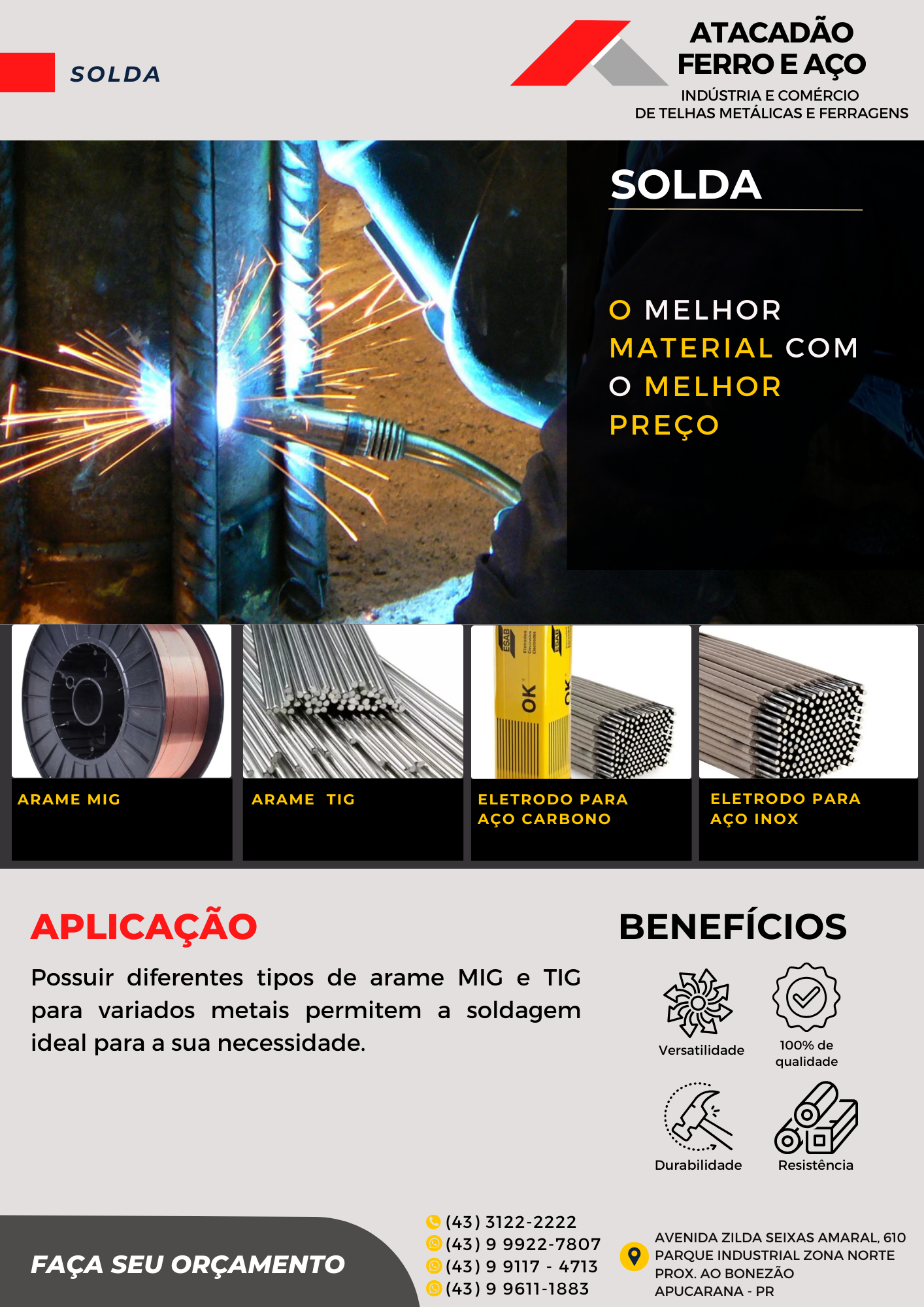 Catálogo de solda: arame MIG, arame TIG, eletrodo para aço carbono e eletrodo para aço inox — Atacadão Ferro e Aço