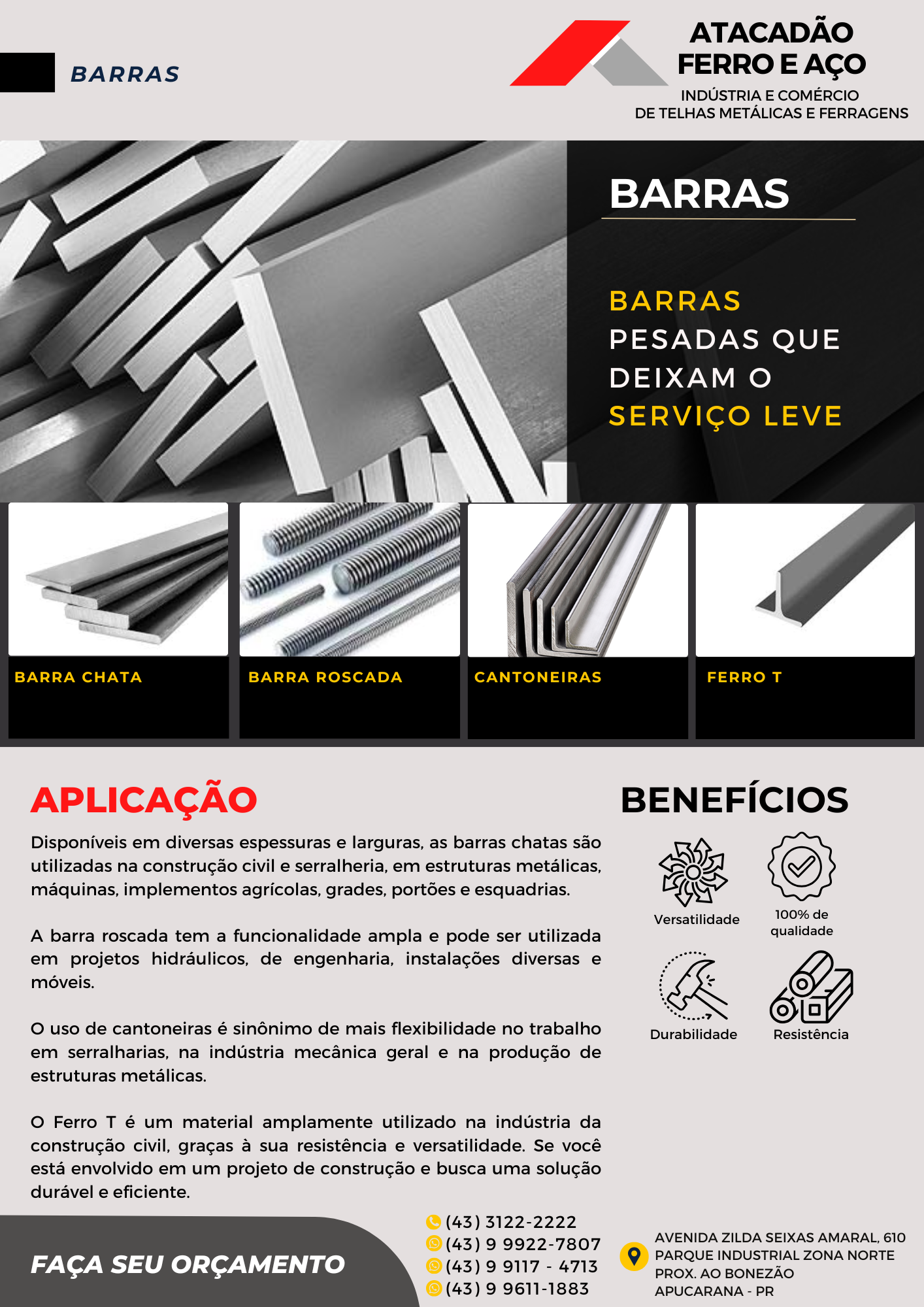 Catálogo de barras de aço: barra chata, barra roscada, cantoneiras e ferro T — Atacadão Ferro e Aço