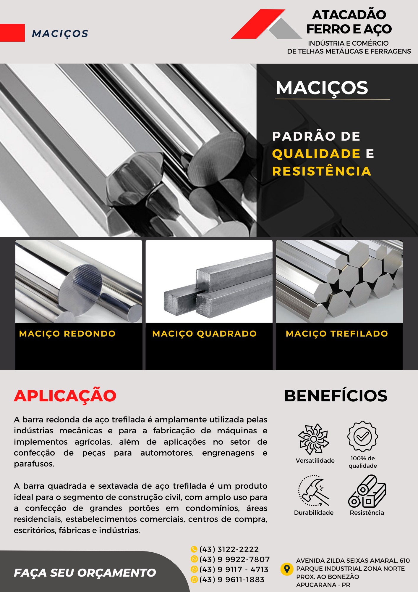 Catálogo de maciços de aço: maciço redondo, quadrado e trefilado — Atacadão Ferro e Aço